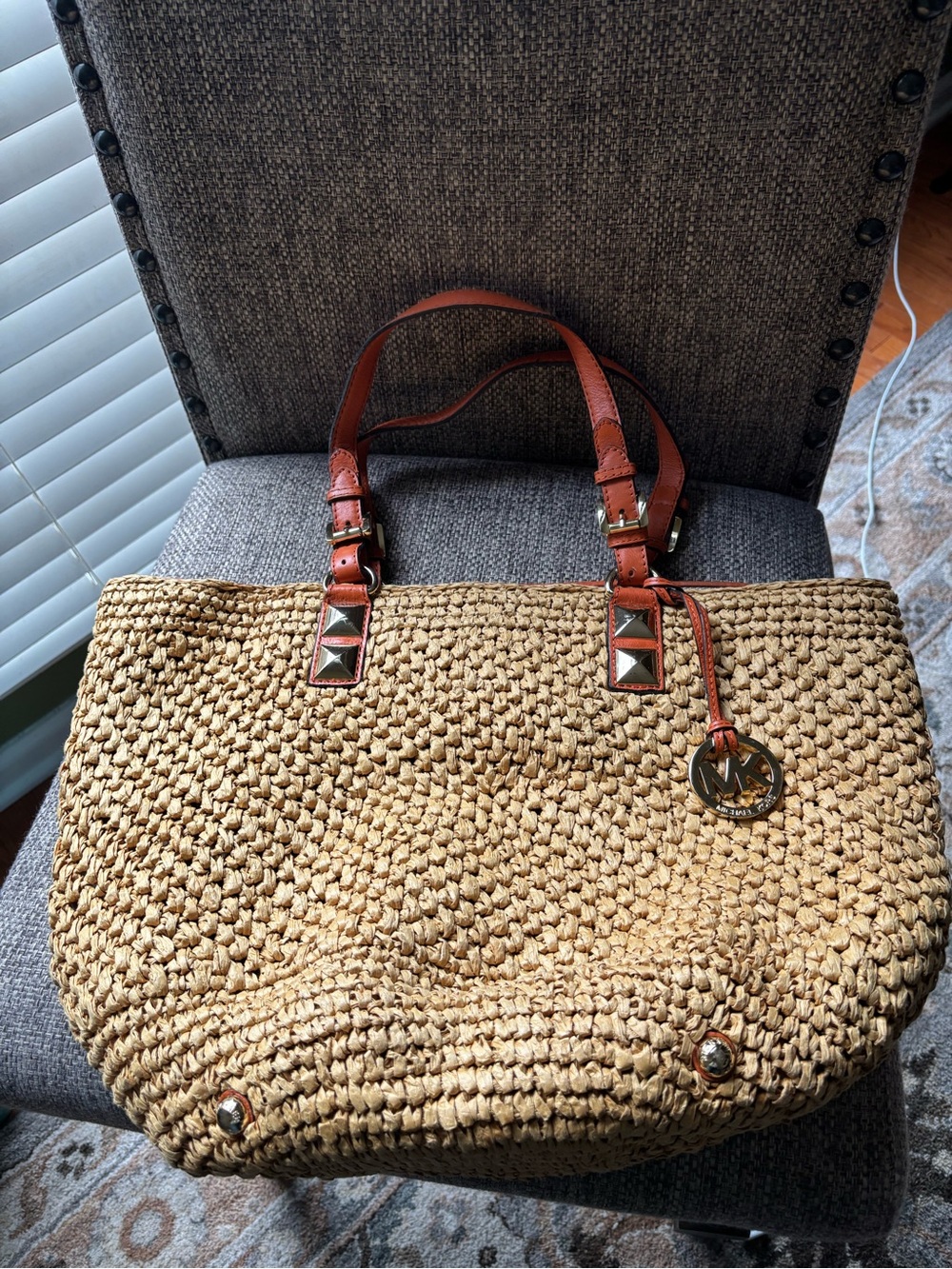 Michael Kors Straw Tote with Orange Leather Trim and Gold Studs